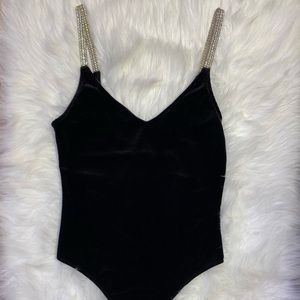 Velvet black bodysuit diamond straps